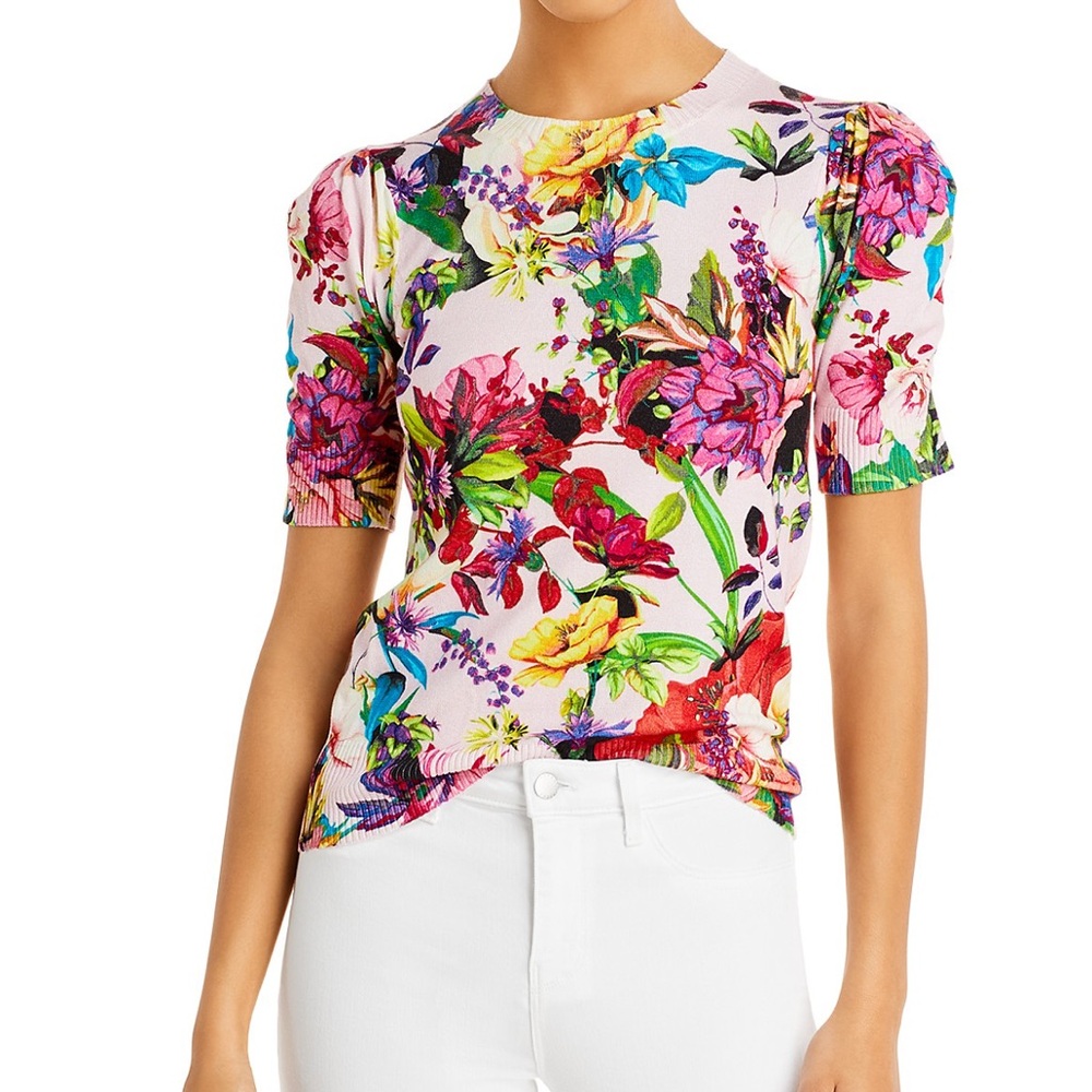 AQUA x Mary Katrantzou Colorful Floral Print Short Puff Sleeve Sweater